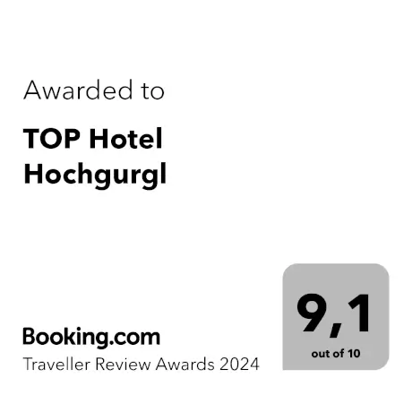 Zertifikat für TOP Hotel Hochgurgl: Ausgezeichnet von Booking.com mit 9,1 von 10 Punkten.