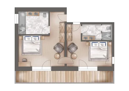 Floor plan of a two-bedroom apartment on the website of Promontoria Hochgurgl GmbH - TOP Hotel Hochgurgl with a kitchen appliance highlighted.