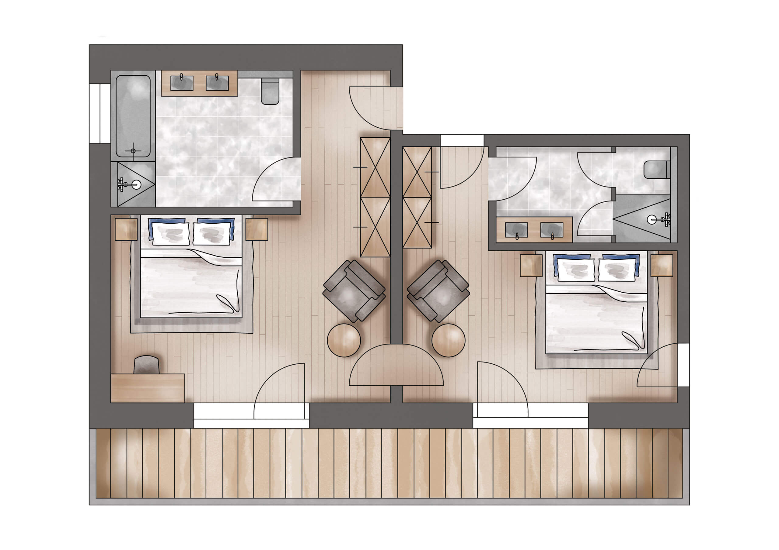 Ein Grundriss einer Zwei-Zimmer-Wohnung mit einer Küchengeräte