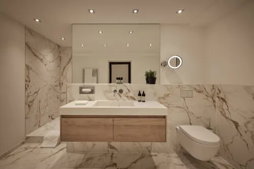 Ein Badezimmer mit Waschbecken, Toilette, Spiegel und Pflanze, auf der Website der Promontoria Hochgurgl GmbH - TOP Hotel Hochgurgl gefunden.